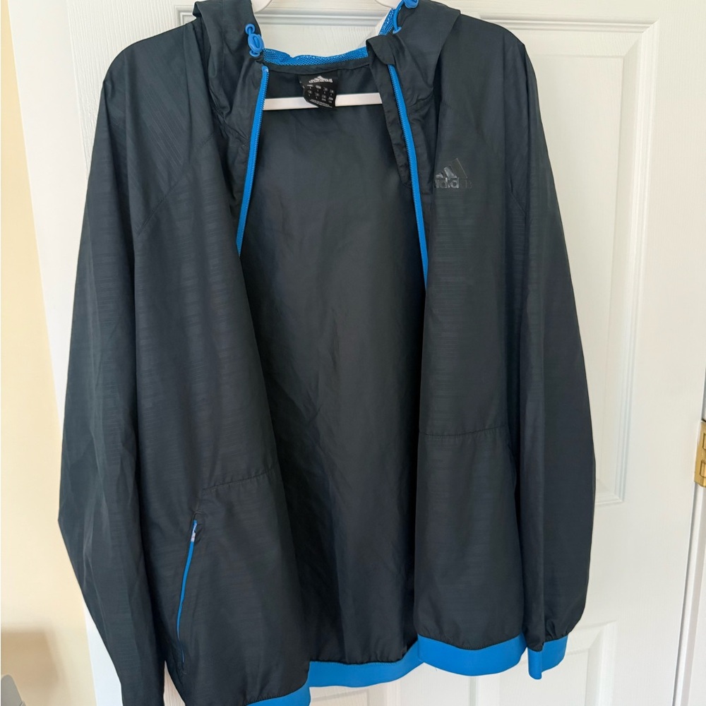 adidas Black Windbreaker Jacket with Blue Trim and Hood